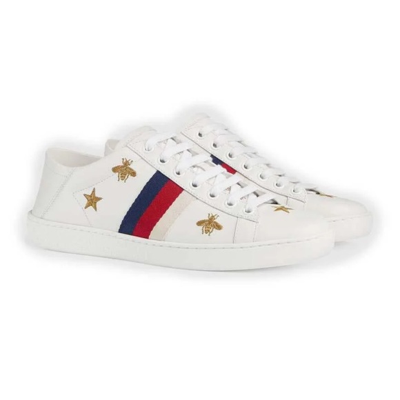Gucci White Leather Ace Bees and Stars Embroidered Lace Up Sneakers Size 37.5 - Picture 1 of 8